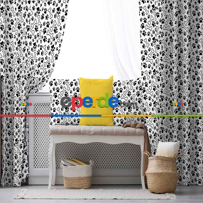 Harf Desenli Fon Perde Evim899 Kumaşı Kalındır Duck Bezi Değildir- Mavi-beyaz