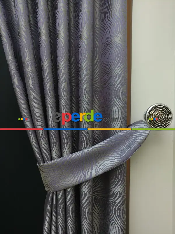 Dikiş Fiyata Dahildir - Mor Dalga Desenli Jakar Fon Perde- Mor