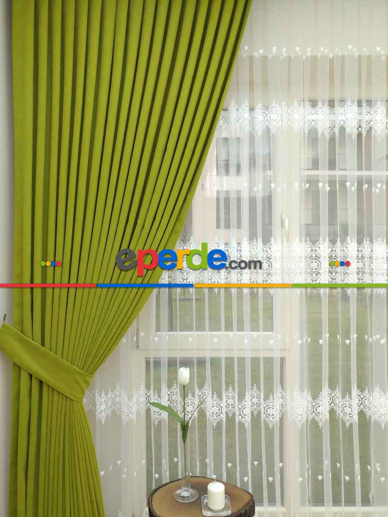 Yağ Yeşili Düz Fon Perde Dökümlü Birinci Kalite 300 Cm Geniş En Daha Hesaplı- Açık Yeşil