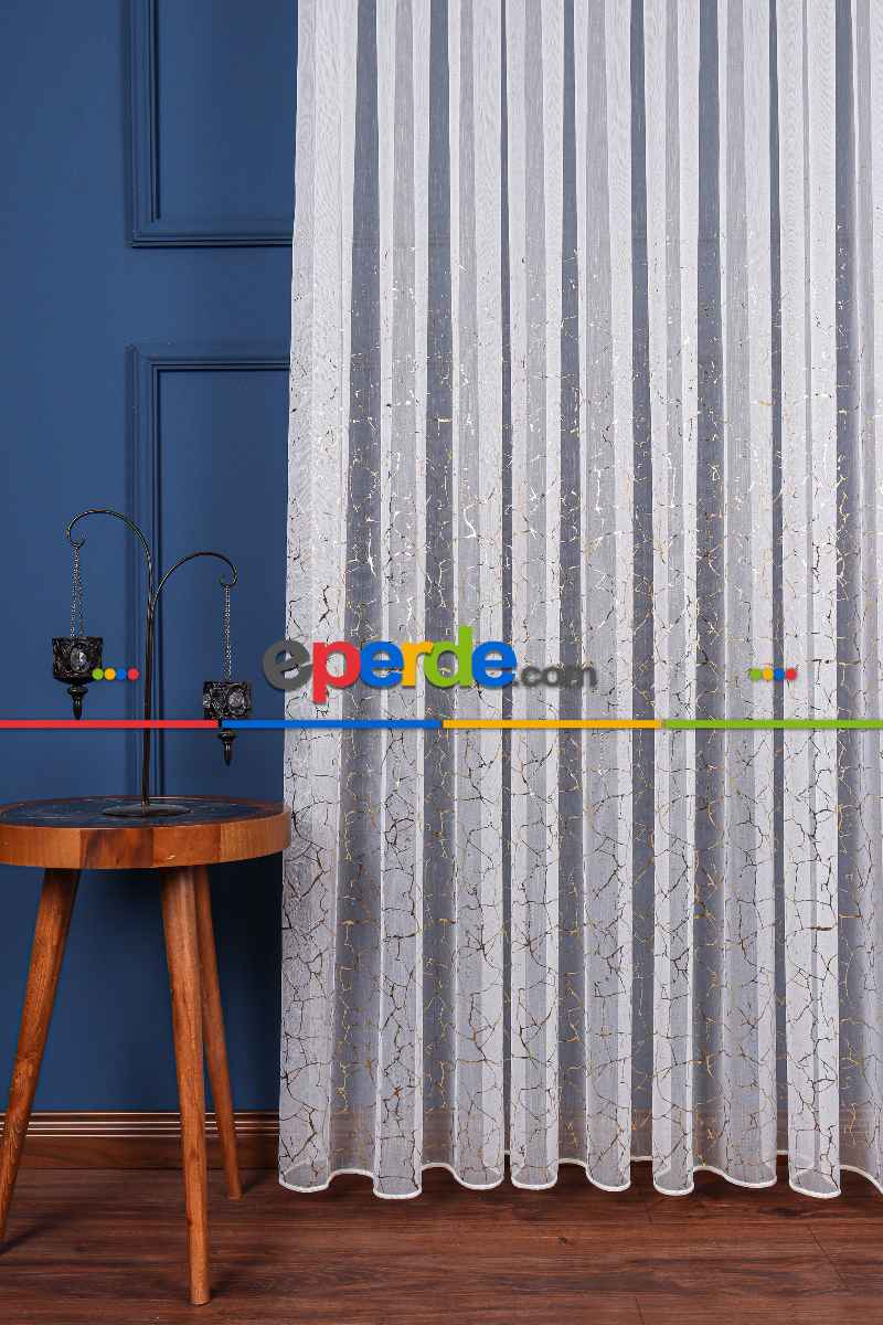 Salon Tül - Granit Dijital Baskılı Tül Perde Ekru-gold