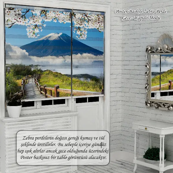 Gece Ay Ve Bulutlar Özel Poster Baskılı Zebra Perde- Lacivert-Kırmızı