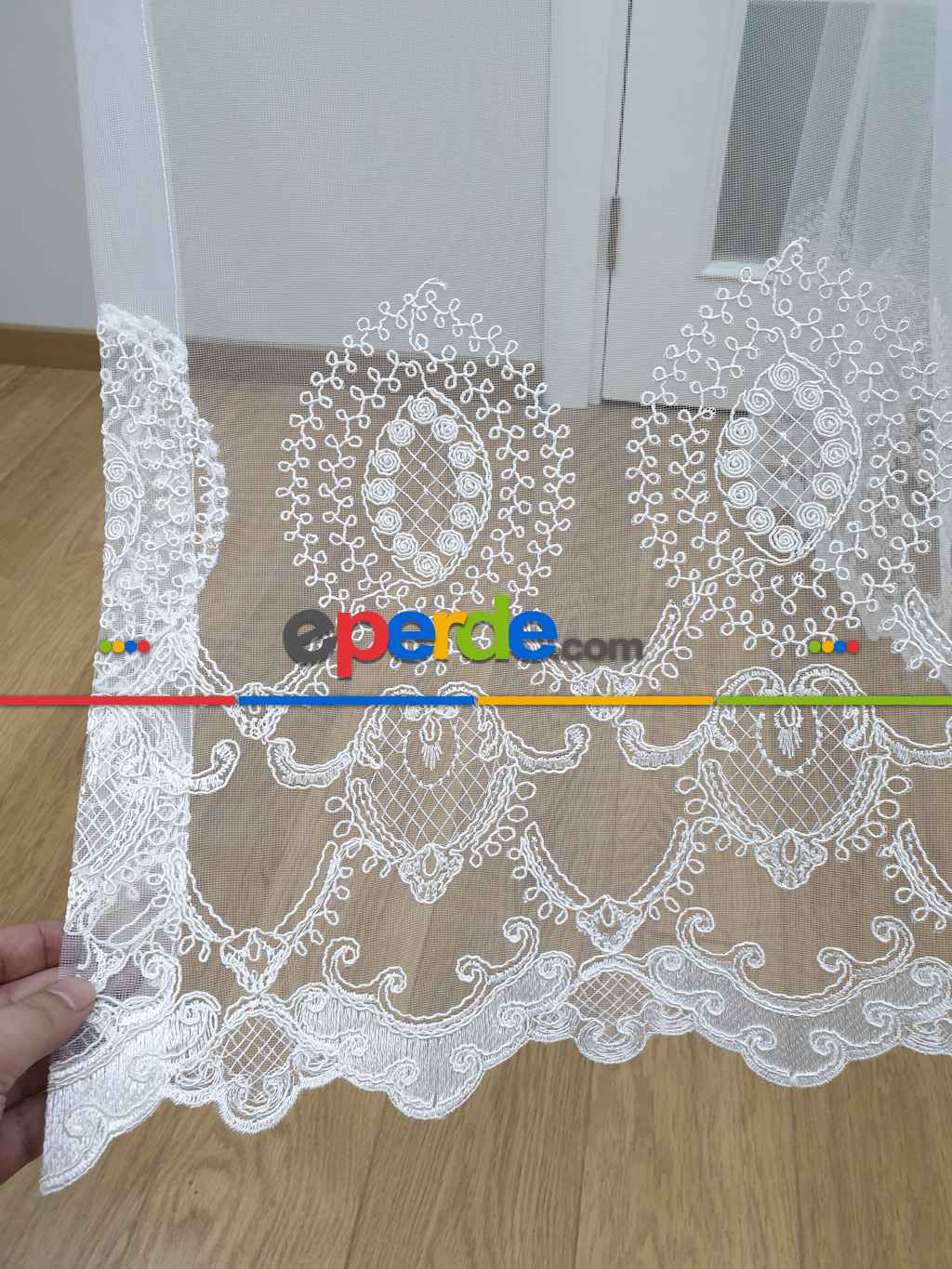 Etek Ucu Koordeneli Nakışlı Tül Perde- Ekru