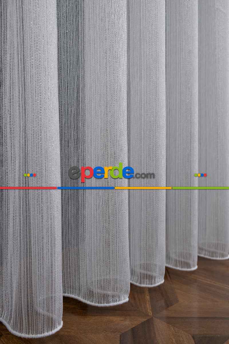 Çizgi Gümüş Simli Çelik Sim Çizgili Pırıltılı Işıltılı Tül Tasarım Perde