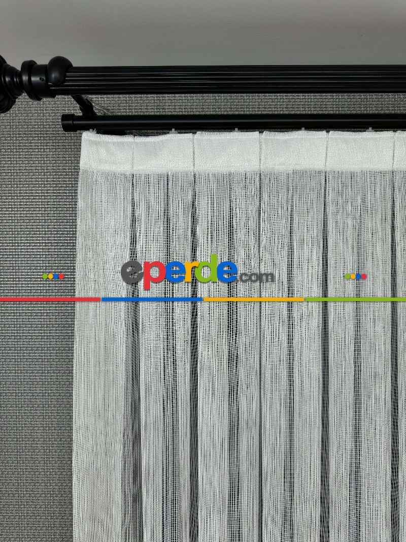 Oturma Odası Ekru Çizgili Tül Perde - Yüksek Kalite Kırık Beyaz Kurşunlu Tül