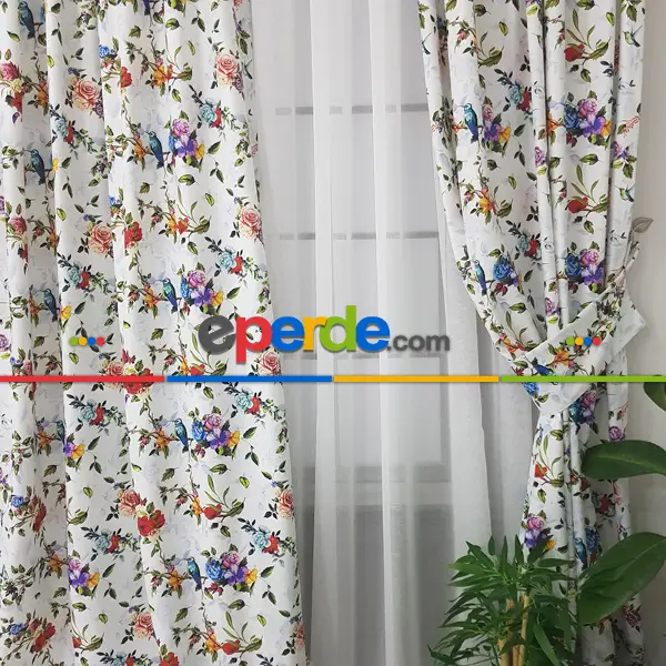 Yatak Odası - Çiçek Desenli Fon Perde Evm1059 Kumaşı Kalındır Duck Bezi Değildir- Yeşil-Kırmızı-Pembe Koyu