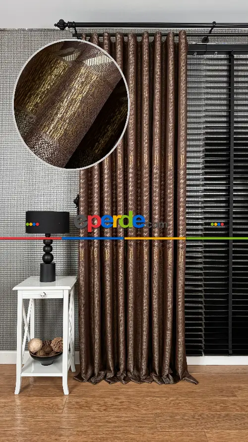 Kahverengi Altın, Kazayağı Desenli Jakar Dokuma Fon Perde