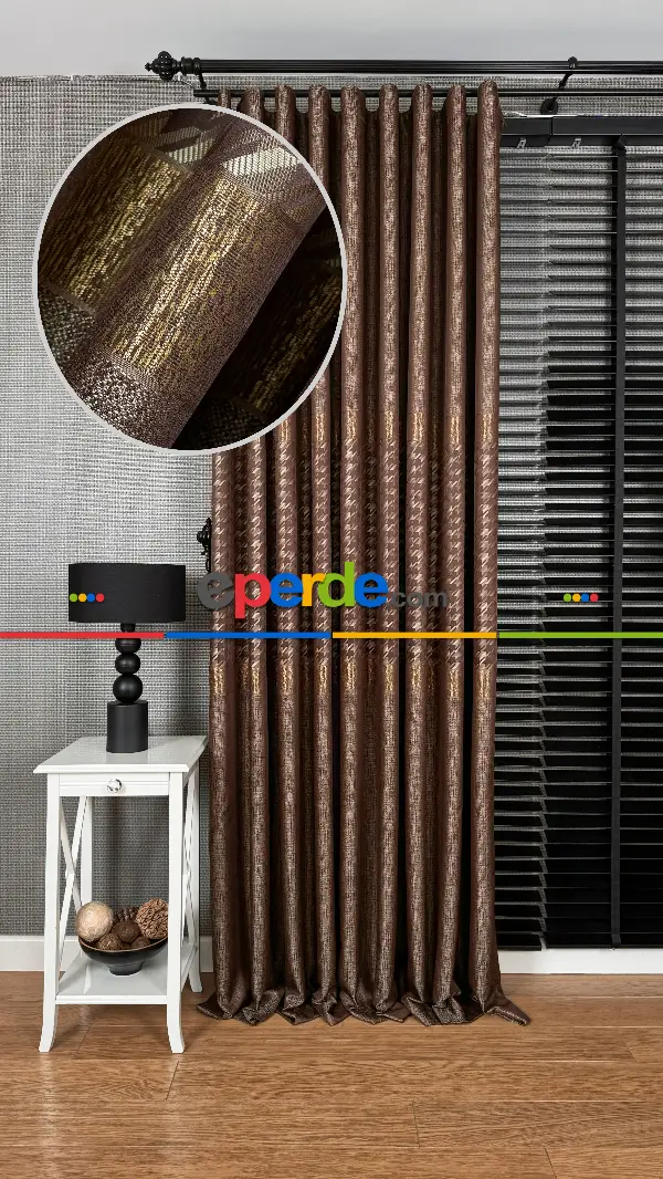 Kahverengi Altın, Kazayağı Desenli Jakar Dokuma Fon Perde