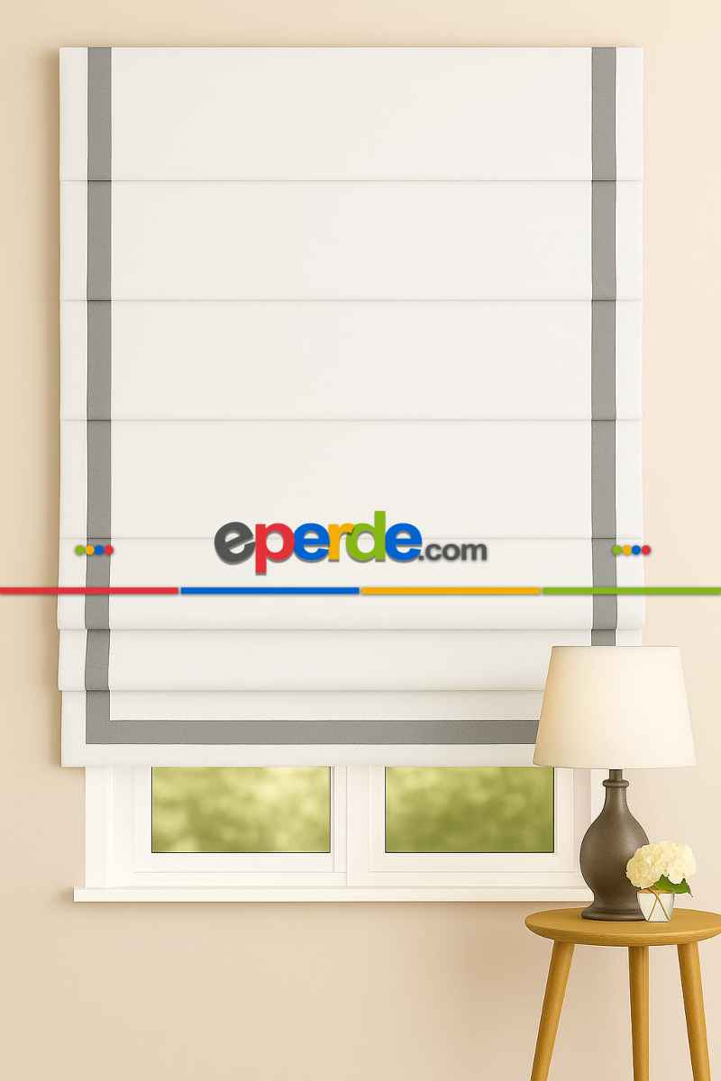 Katlamalı Perde Beyaz Fon Kumaş Açık Gri Biyeli Katlamalı Perde