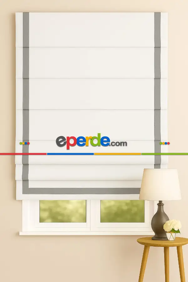 Salon - Katlamalı Perde Beyaz Fon Kumaş Açık Gri Biyeli Katlamalı Perde