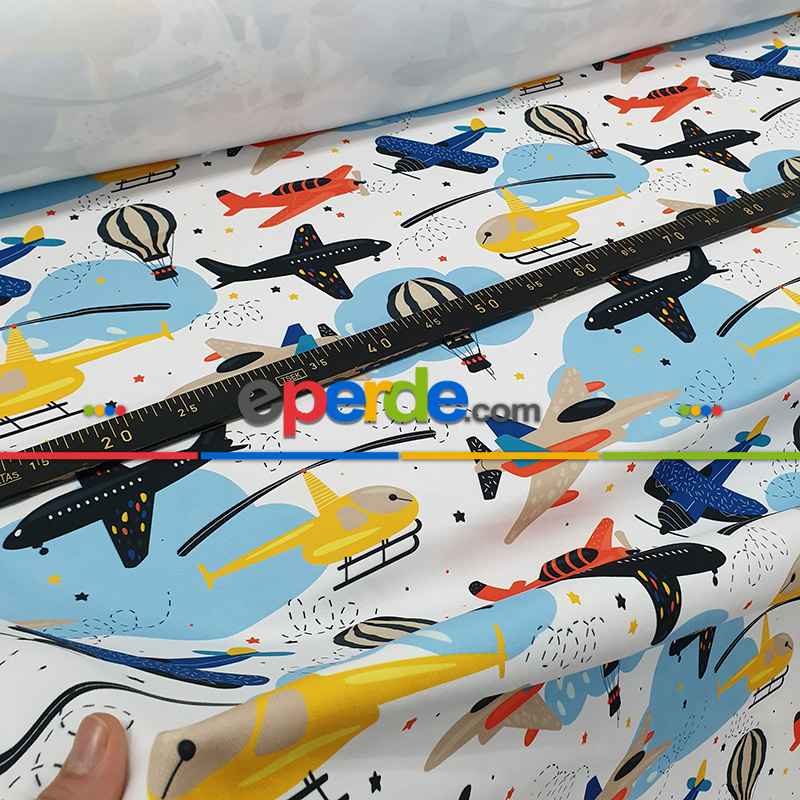 Uçak Helikopter Desenli Fon Perde Evm801 Kumaşı Kalındır Duck Bezi Değildir- Siyah-Sarı-Beyaz