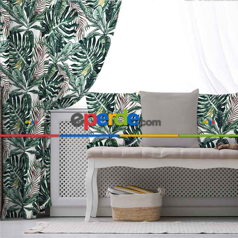 Yapraklı Fon Perde Evim1089 Kumaşı Kalındır Duck Bezi Değildir- Mavi-beyaz