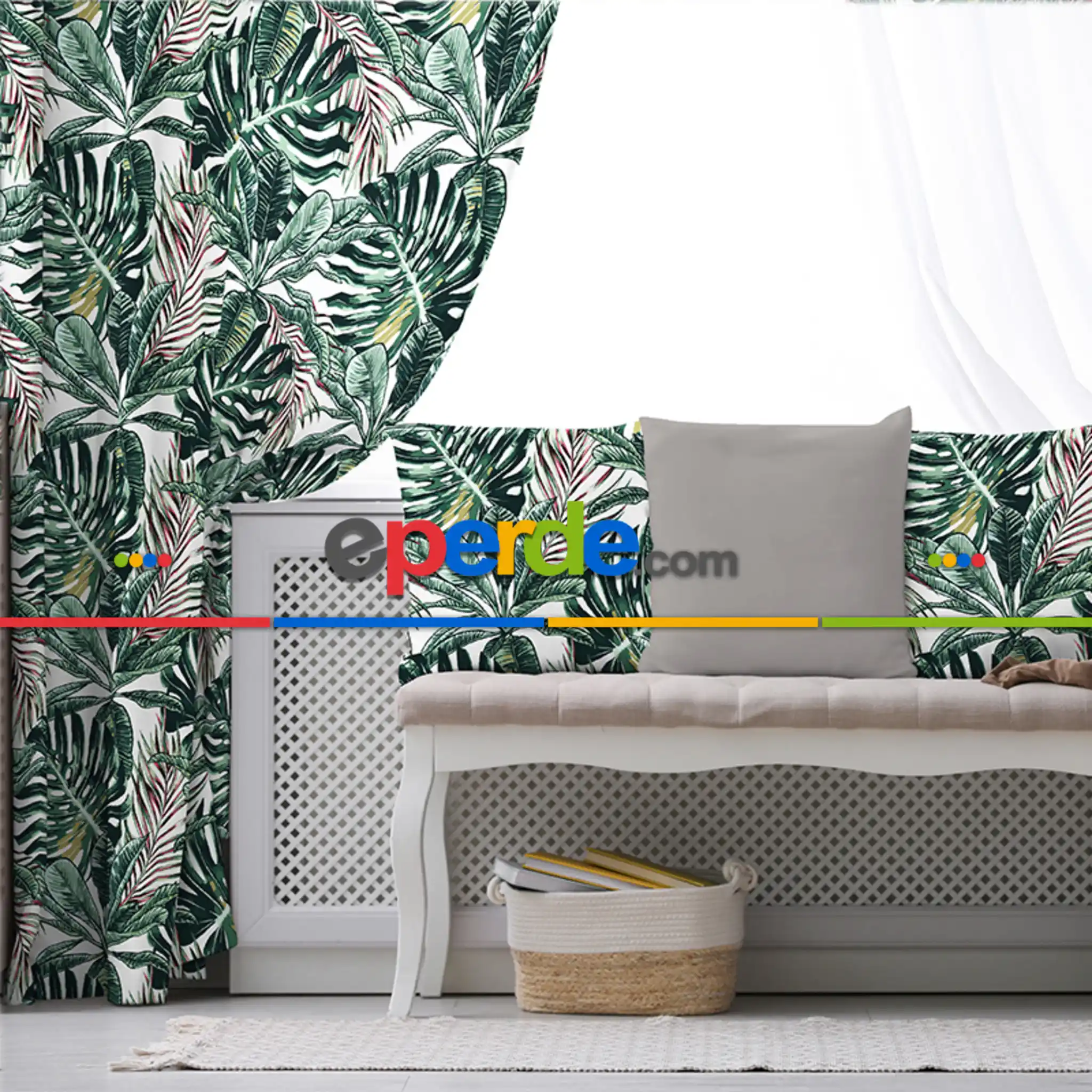 Yapraklı Fon Perde Evim1089 Kumaşı Kalındır Duck Bezi Değildir- Mavi-beyaz