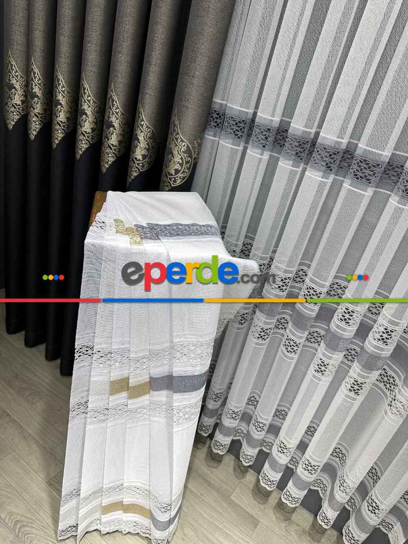 Salon - Aplik Örme Tül Perde Tek Kanat - Ekru / Gri