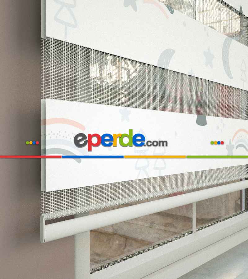 Gri Çam, Ay Ve Yıldız Desenli Baskılı Zebra Perde