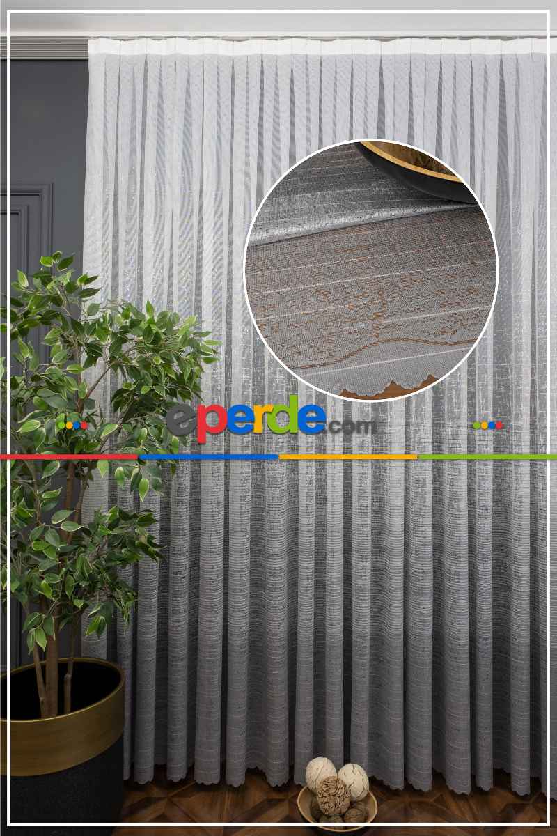mutfak - Gri Modern Çizgili Örme Tül - Eteği Açık Gri Üstü Ekru Renk ( Degrade Geçişli )