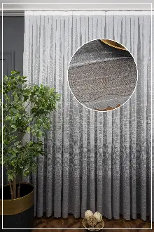 Oturma Odası - Gri Modern Çizgili Örme Tül - Eteği Açık Gri Üstü Ekru Renk ( Degrade Geçişli )