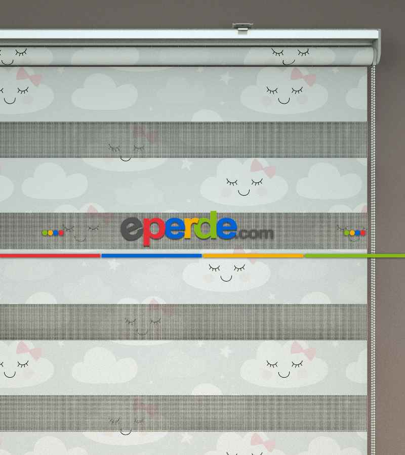 Açık Gri, Pembe Bulut Desenli Baskılı Zebra Perde