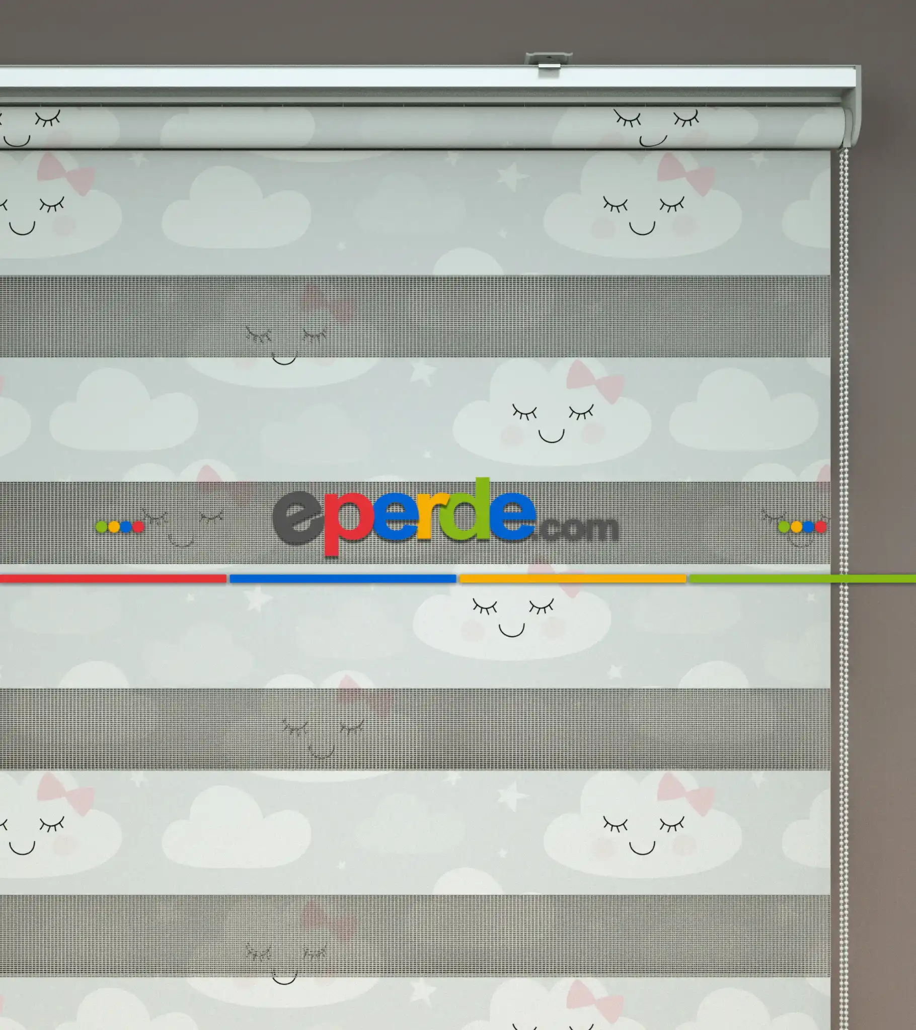 Bulut Desenli Baskılı Zebra Perde- Çok Renkli