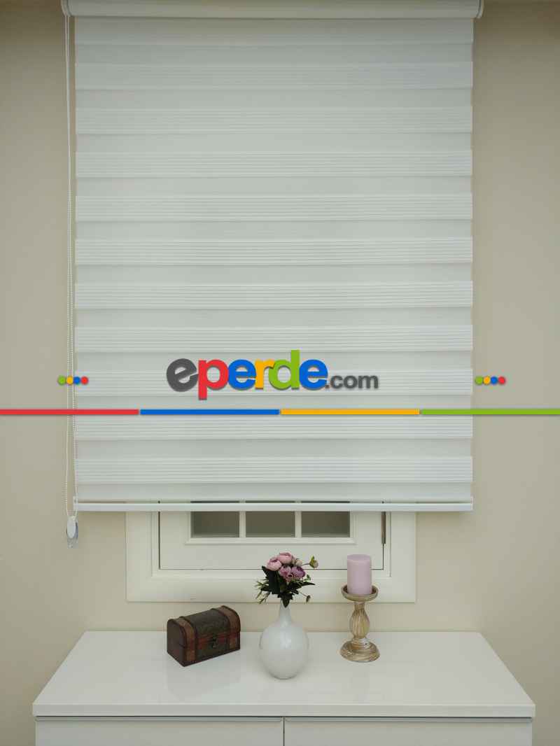 Mutfak - Beyaz Renk Plise Zebra Perde (kalın Zeminli)- Beyaz