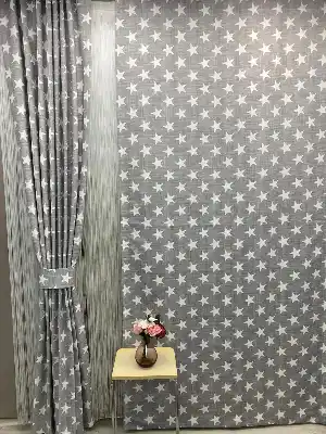 Bebek Odası Fon Perde - Keten Görünümlü Yıldız Fon Perde- Gri Açık