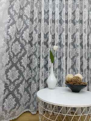 Salon Damask Desenli Örme Kdk Tül Perde %25 Ekstra İndirimli- Ekru