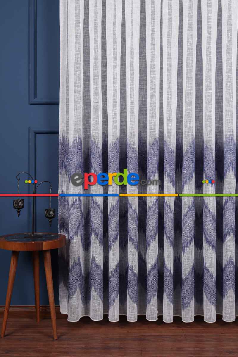 Salon Tül Modelleri - Simli Zik Zak Desenli Keten Tül Perde