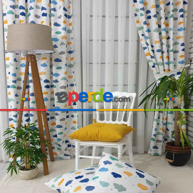 Renkli Bulut Desenli Fon Perde Evm809 Kumaşı Kalındır Duck Bezi Değildir- Beyaz-Mavi Açık