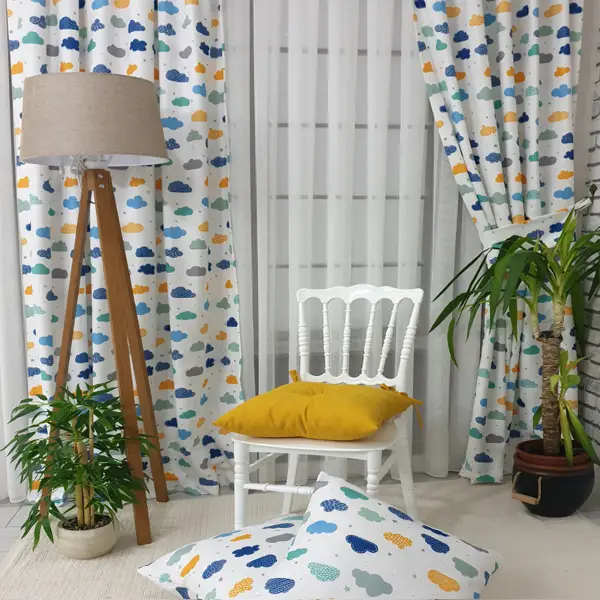 Renkli Bulut Desenli Fon Perde Evm809 Kumaşı Kalındır Duck Bezi Değildir- Beyaz-Mavi Açık