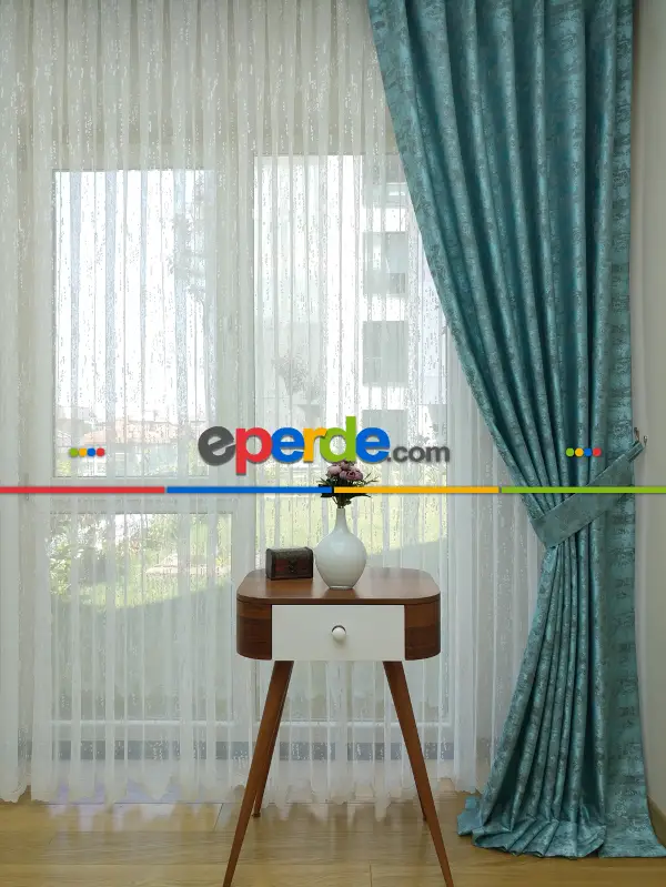 Patine Desenli Turkuaz - Katyonik Jakar Fon Perde- Turkuaz