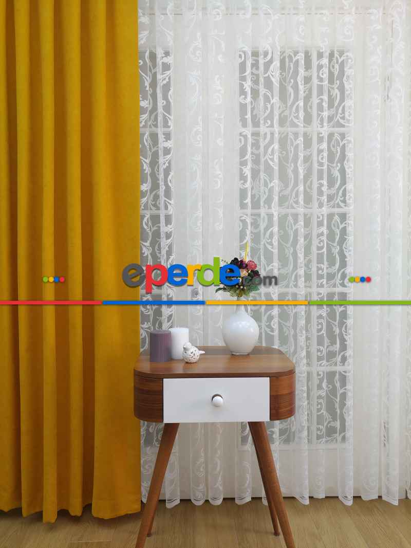 Oturma Odası - Sarmaşık Desenli Tül Perde- Ekru