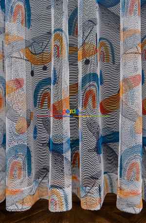 Hazır Ölçülü Petek Zemin Turuncu Ve Mavi Renkli Planör Uçak Desenli Grek Baskılı Tül Perde