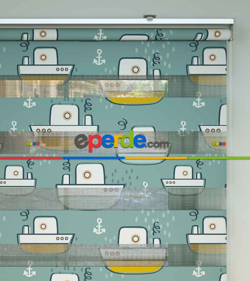 Bebek Odası Zebra Perde - Gemi Desen Baskılı Zebra Perde- Çok Renkli