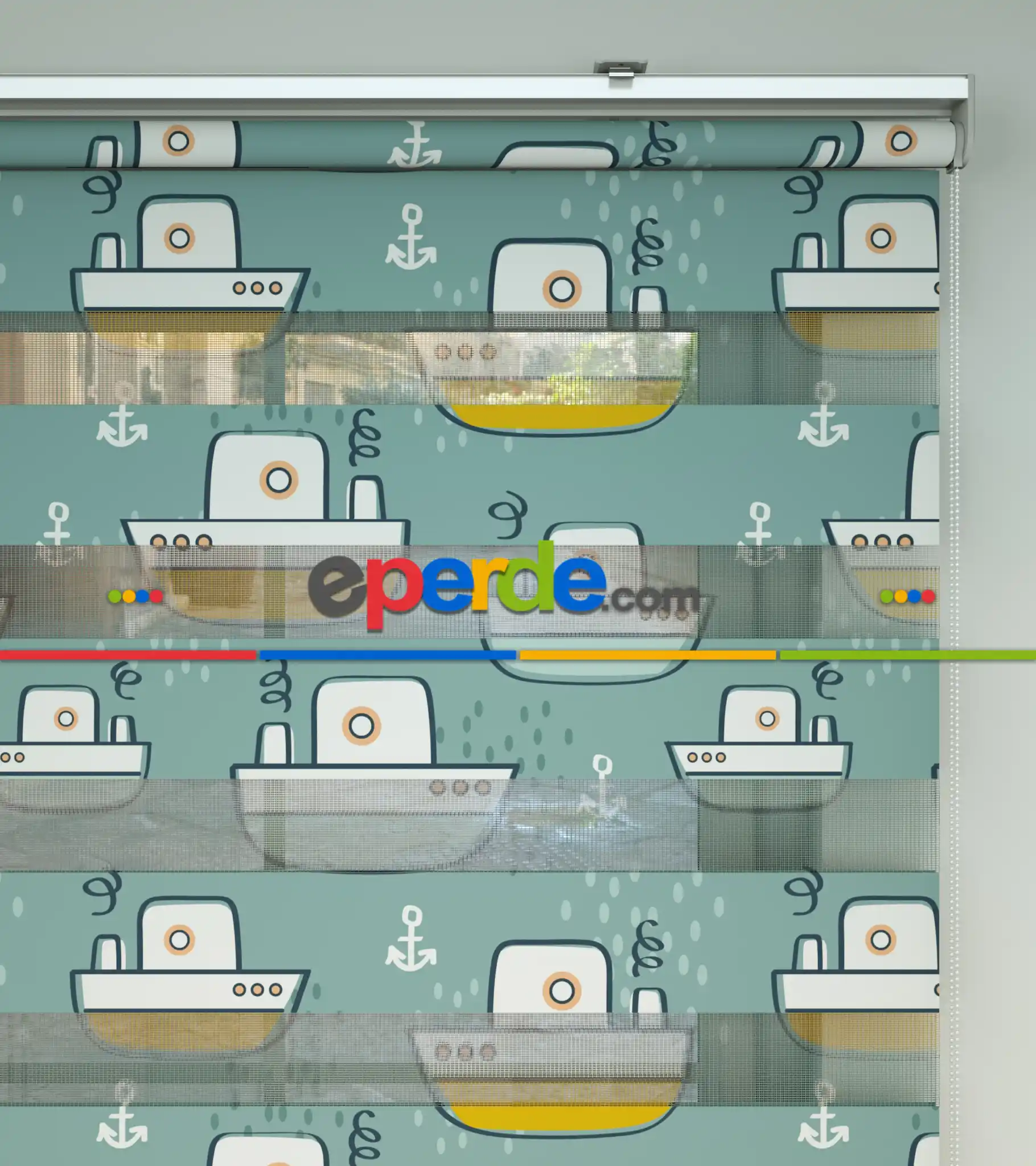 Bebek Odası Zebra Perde - Gemi Desen Baskılı Zebra Perde- Çok Renkli