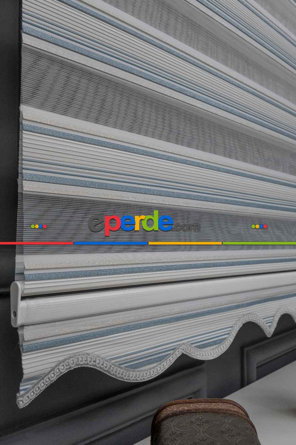 Mavi Krem Gümüş Simli Plise Zebra Perde