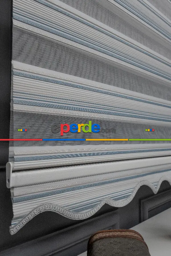 Mavi Krem Gümüş Simli Plise Zebra Perde