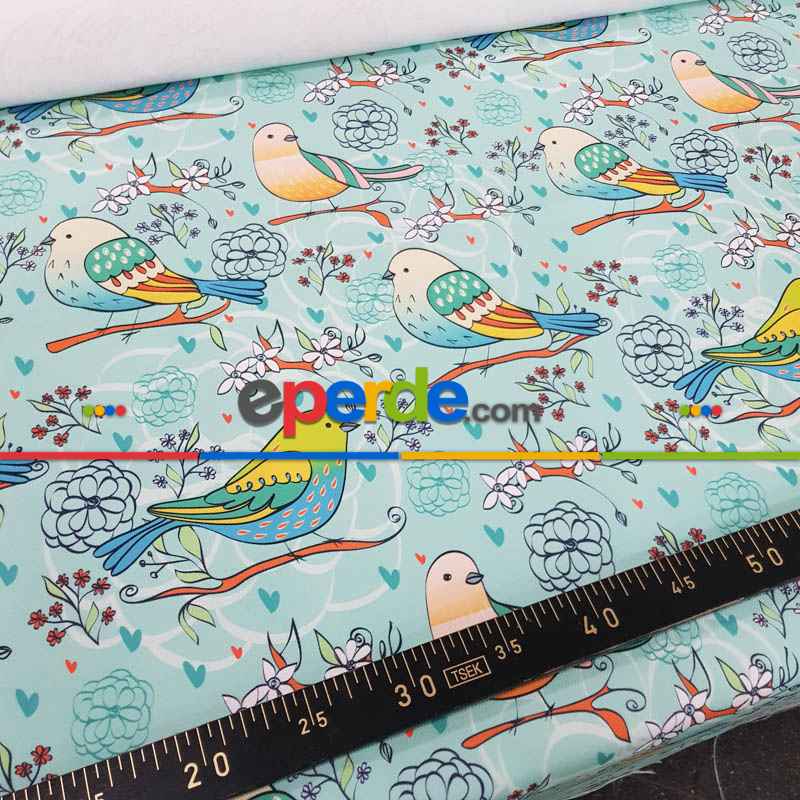 Kuş Desenli Fon Perde Evm1087-3 Kumaşı Kalındır Duck Bezi Değildir- Beyaz-Mavi Açık