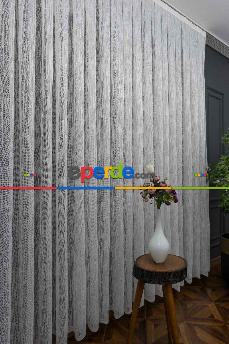 Desenli Tül Perde - Fransız Dantel Örme Tül - Geometrik Çizgili Tül - Spor Desenli Tül - Ütü İstemez- Ekru Açık Krem