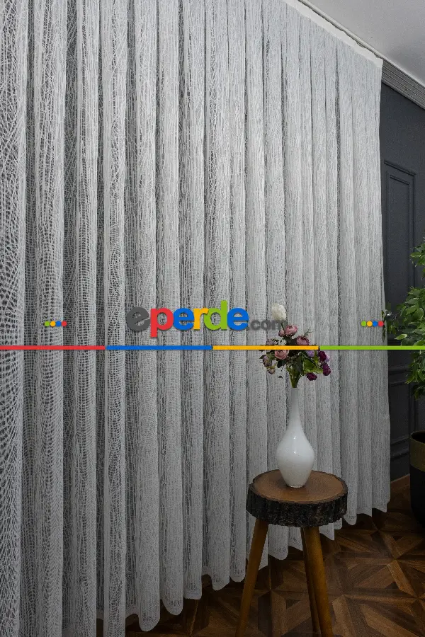 Mutfak Desenli Tül Perde - Fransız Dantel Örme Tül - Geometrik Çizgili Tül - Spor Desenli Tül - Ütü İstemez- Ekru Açık Krem