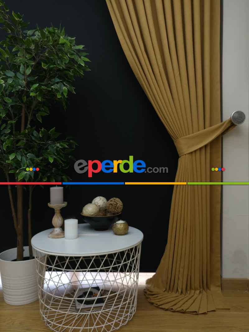 Düz Renk Dökümlü Fon Perde Bej Hardal(150)- Bej Hardal