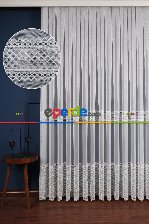 Enine Bantlı Avangart Nakış İşlemeli Tül Perde