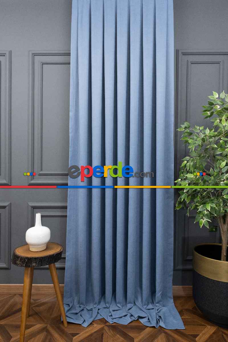 Bebek Odası - Mavi Rengi Düz Fon Perde Dökümlü Fon Perde