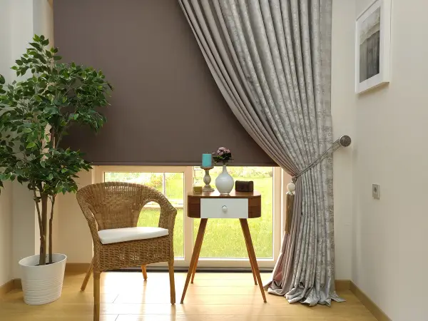 Patinedesenli Açık Vizon Pudra Renk Kombinli Desenli Fon Perde- Kahve Açık-gri Açık