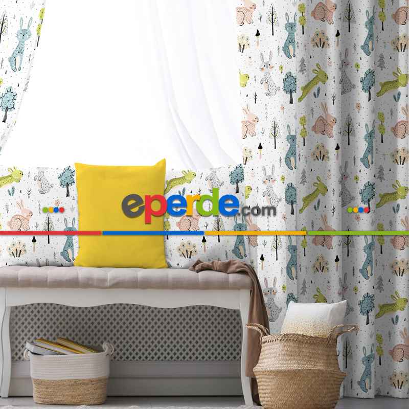 Hayvan Desenli Fon Perde Evim822 Kumaşı Kalındır Duck Bezi Değildir- Mavi-beyaz