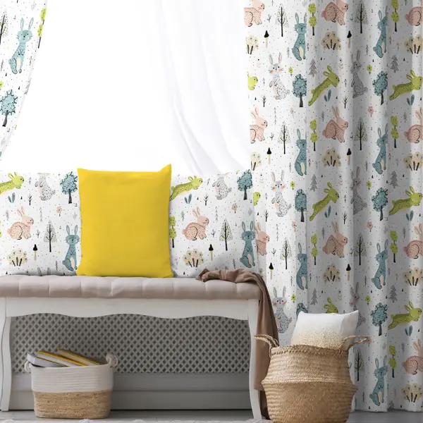 Kız, Erkek, Çocuk ve Bebek Odası Fon Perde - Orman ve Tavşan Desenli - Yavruağzı Gri Mavi Yeşil