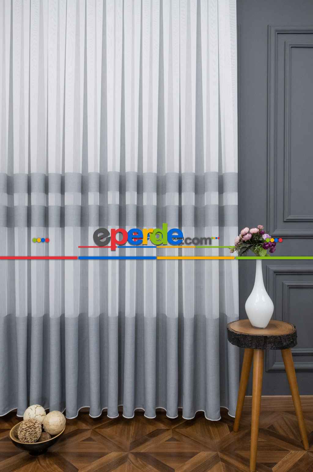 Hazır Ölçülü Gri Bantlı - Tasarım Bambu Modern Tül Perde - Yüksek Kalite - Kurşunlu