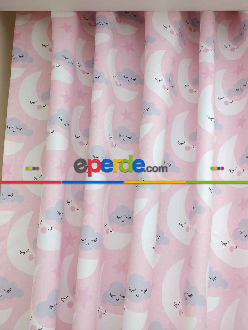 Kız Çocuk Odası Fon Perde - Ay Dede Desenli Fon Perde Modelleri - Pembe Mavi