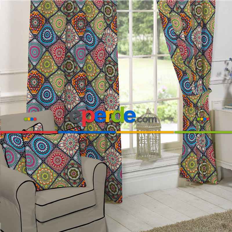 Genç Odası - Etnik Desenli Fon Perde Evim 403 Kumaşı Kalındır Duck Bezi Değildir