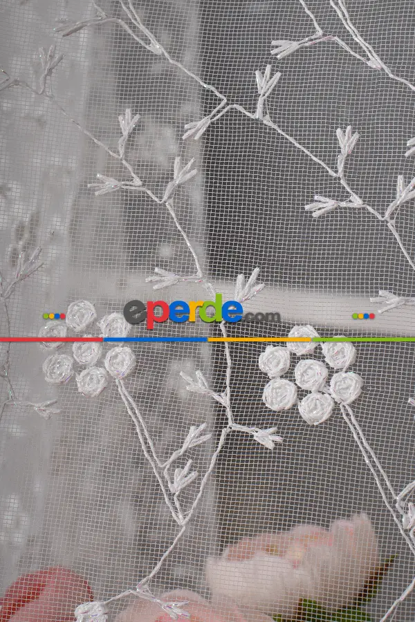 Bahar Dalı Brode Işlemeli Tül Perde - Çiçek Desenli