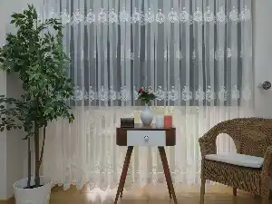 ( Orjinal ) Taç Damask Serpme Desen Salon Fransız Dantel Tül Perde & Kruvaze Perde- Krem
