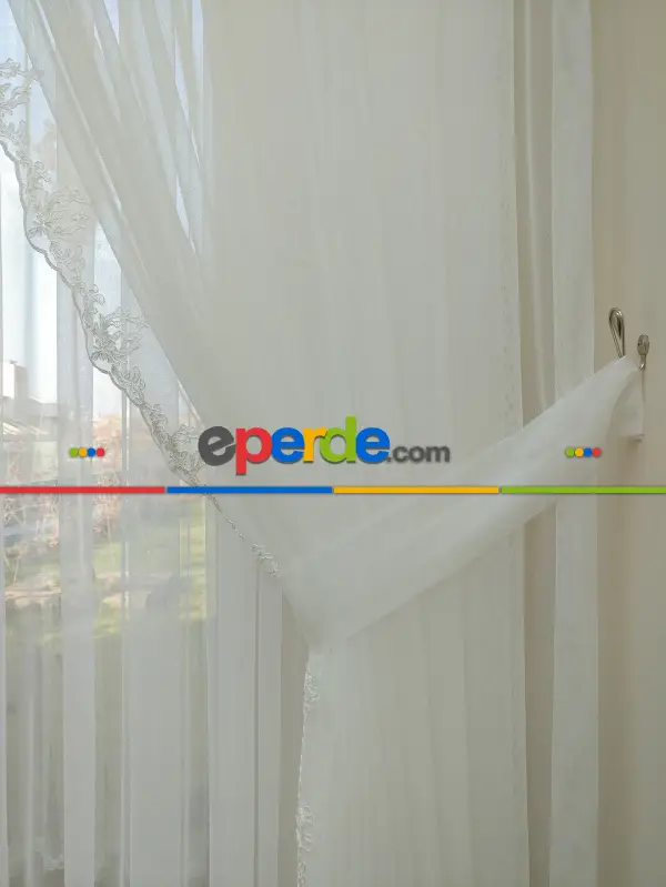 Fansız Dantel Fon Perde Etek Ucu Kortlu Nakış (güpür ) İşlemeli - 3 İçindeki Tül Kodu #22169- Ekru